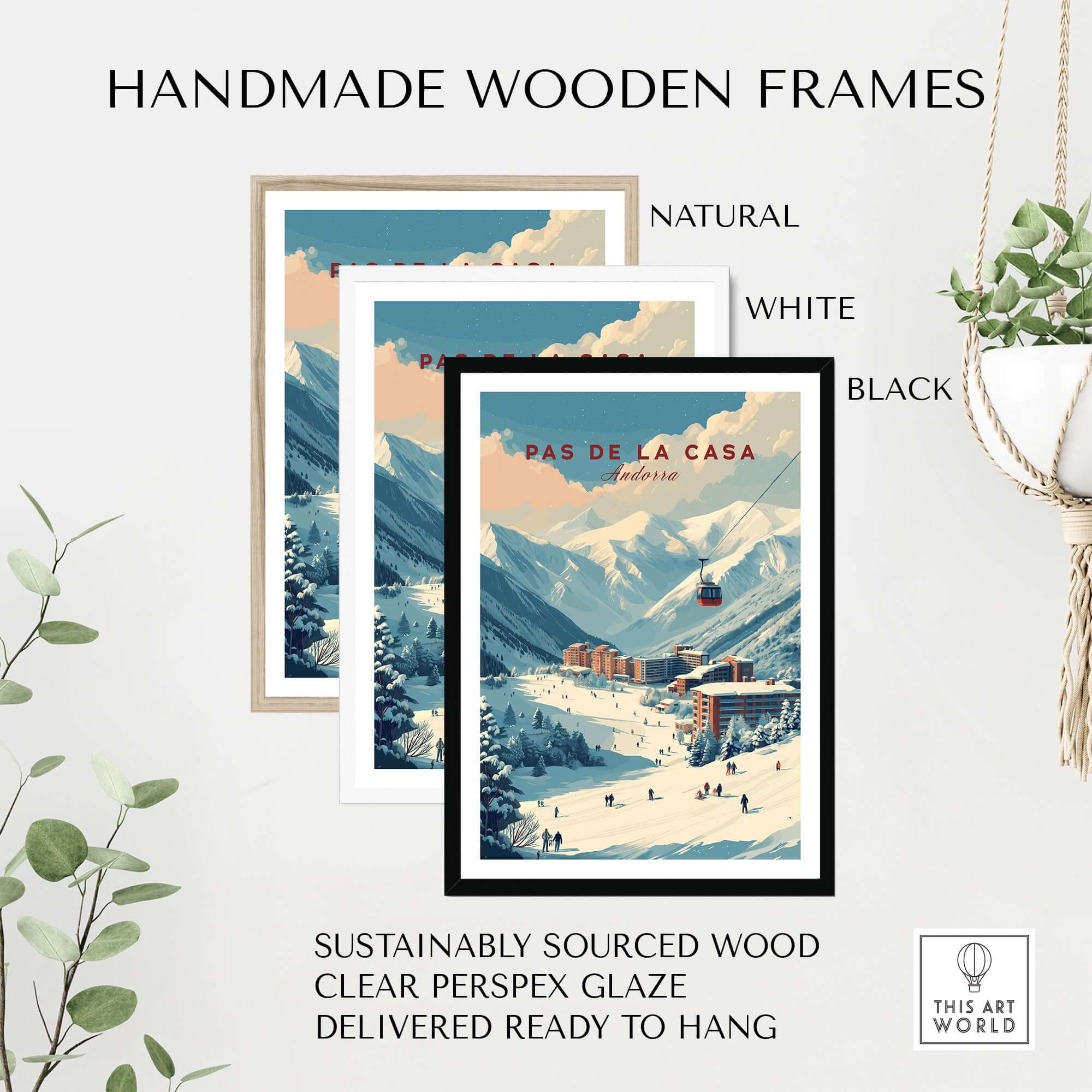 Pas de la Casa Winter Village and Slopes Print | Ski Wall Art with handmade wooden frames in natural, white, and black.