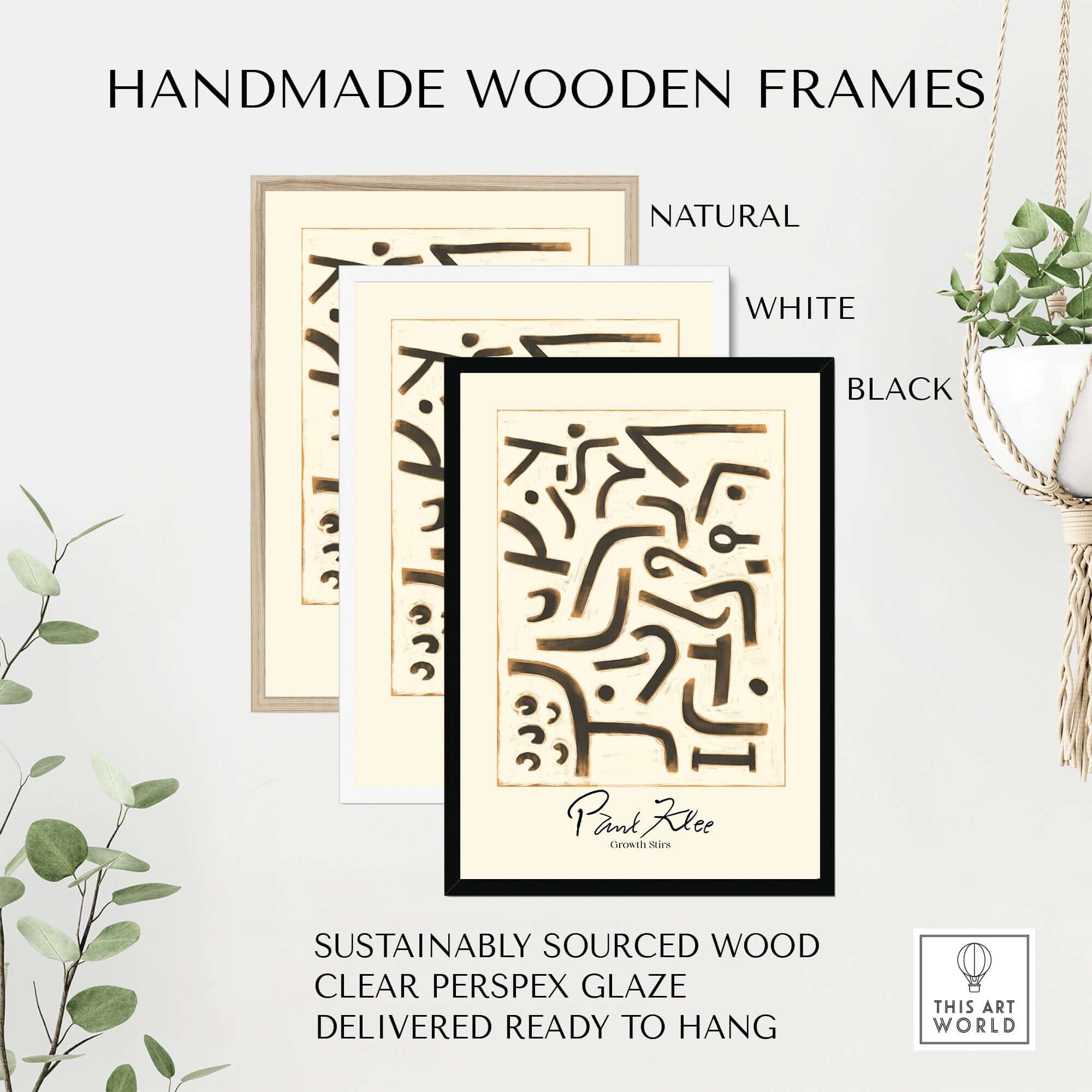 Handmade wooden frames in natural, white, and black finishes for Paul Klee Growth Stirs Abstract Art Print Modern Poster Wall Decor.