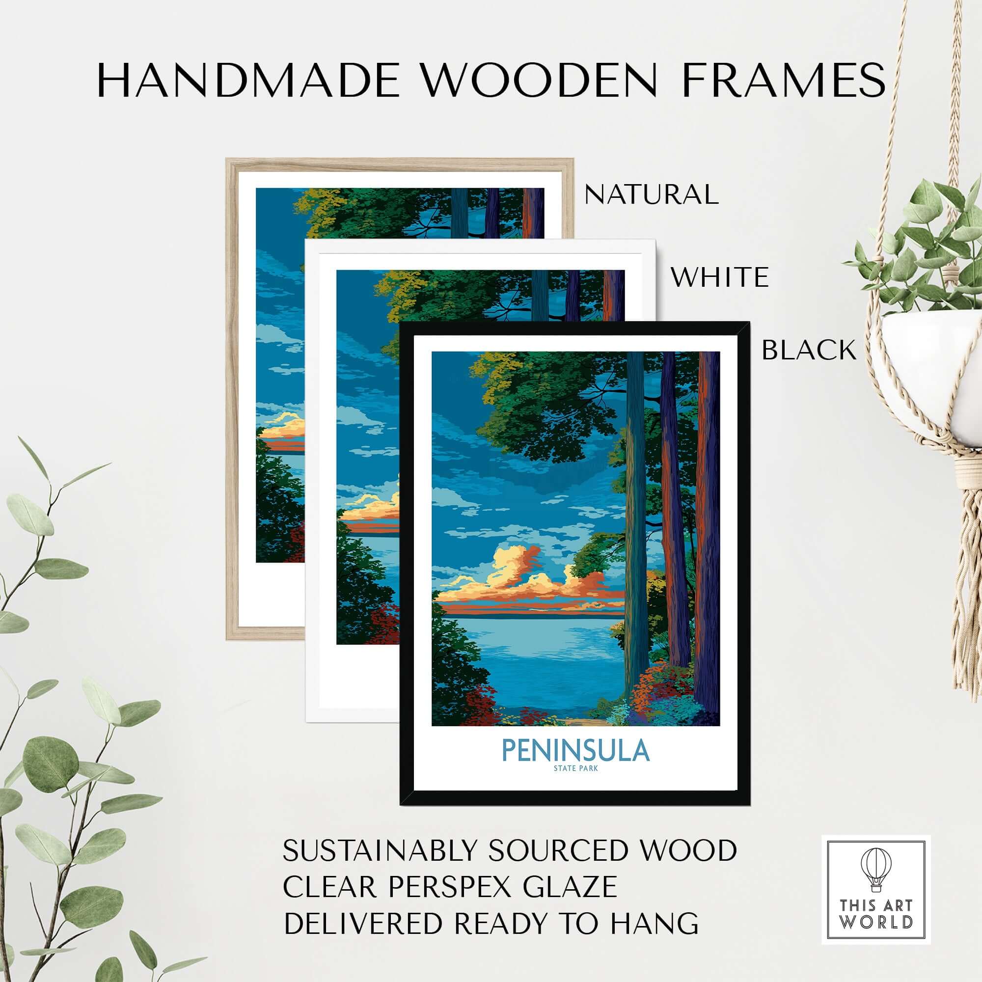 Handmade wooden frames in natural, white, and black for Peninsula State Park Wisconsin Vibrant Trees Landscape Print - Wisconsin Nature Decor.