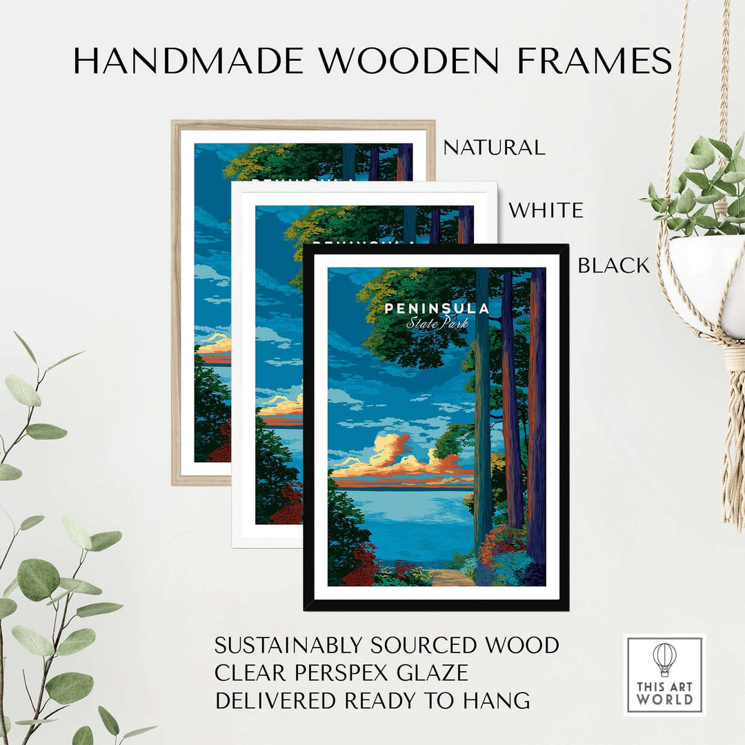 Handmade wooden frames in natural, white, and black finishes for Peninsula State Park wall art.