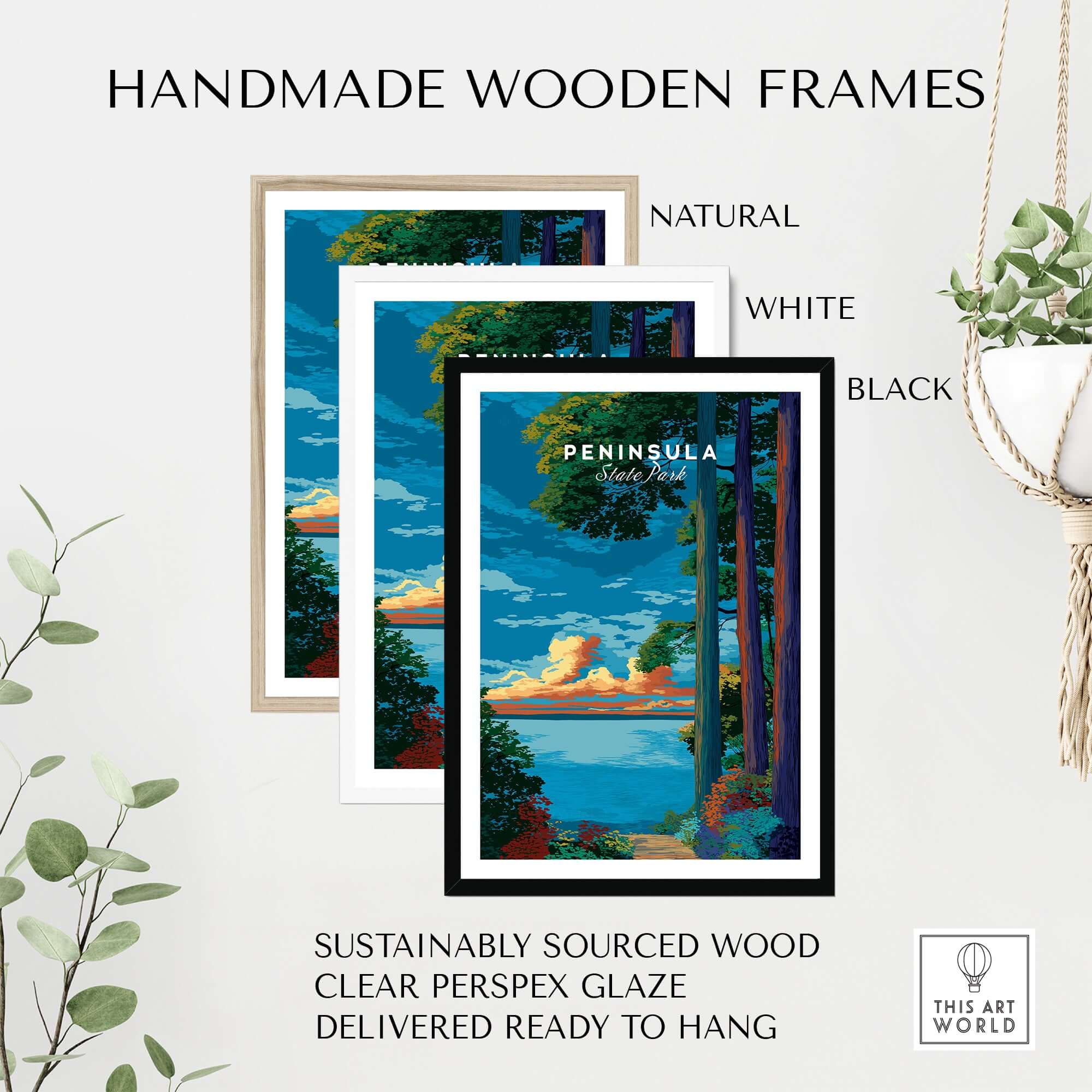 Handmade wooden frames in natural, white, and black for Peninsula State Park Wisconsin Forest Path Sunset Poster - Lake Michigan Wall Art.