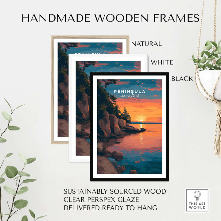 Handmade wooden frames in natural, white, and black finishes for Peninsula State Park sunset print wall art.
