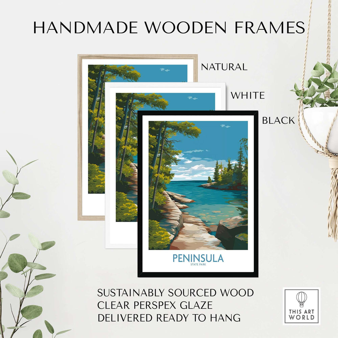 Handmade wooden frames in natural, white, and black, featuring Peninsula State Park artwork ready to hang.
