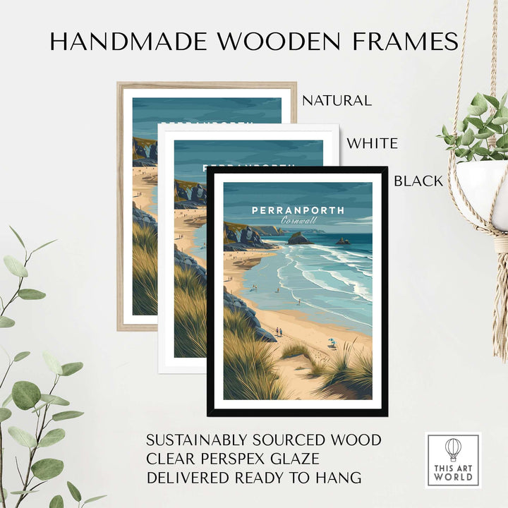 Handmade wooden frames in natural, white, and black for Perranporth Cornwall sandy beach print, ready to hang.