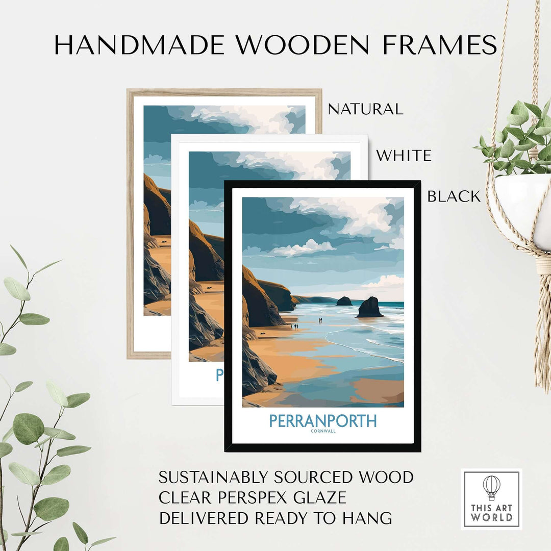 Handmade wooden frames in natural, white, and black for Perranporth Cornwall wall art, ready to hang and sustainably sourced.