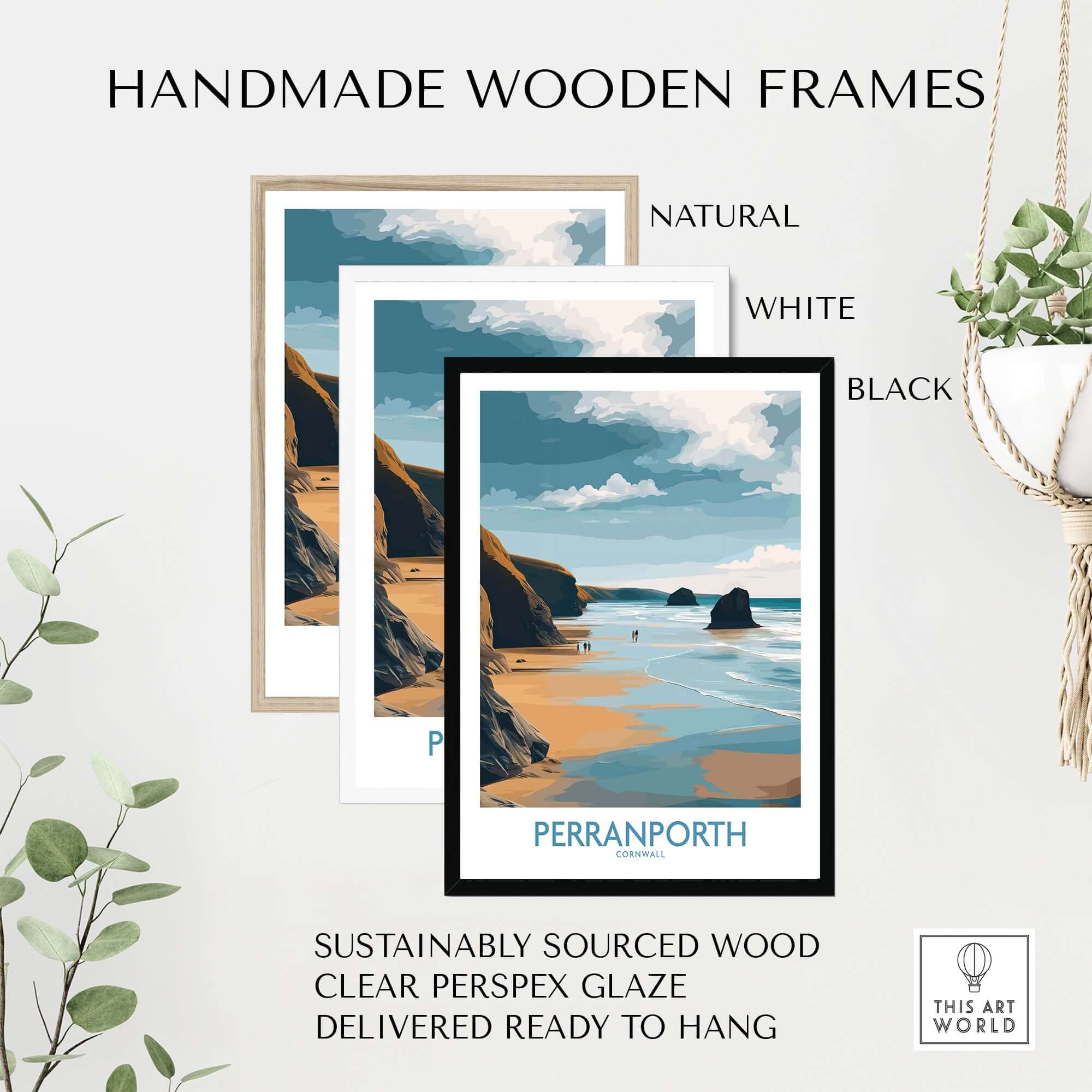 Perranporth Cornwall Ocean Walk Wall Art - UK Seaside Decor framed in three styles: natural, white, and black with perspex glaze.