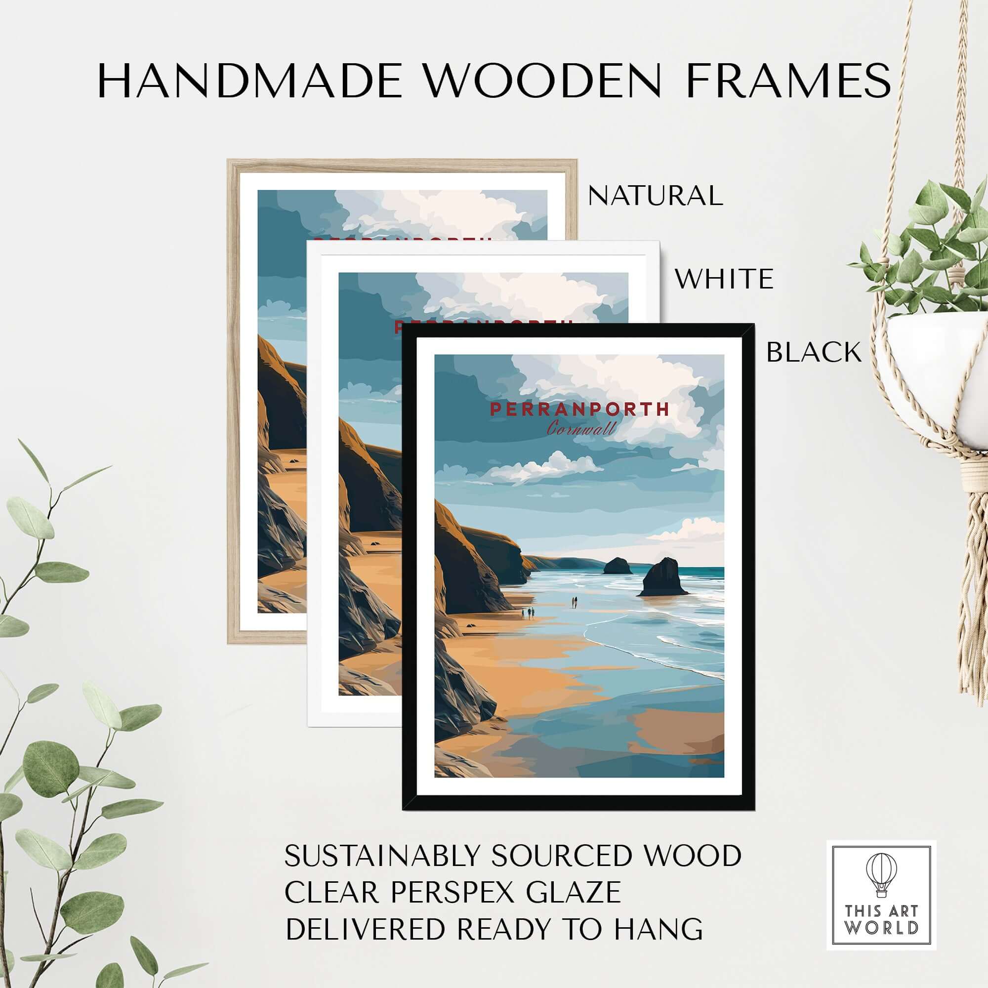 Perranporth Low Tide Beach Poster - Cornish Coast Print displayed in handmade wooden frames in natural, white, and black options.