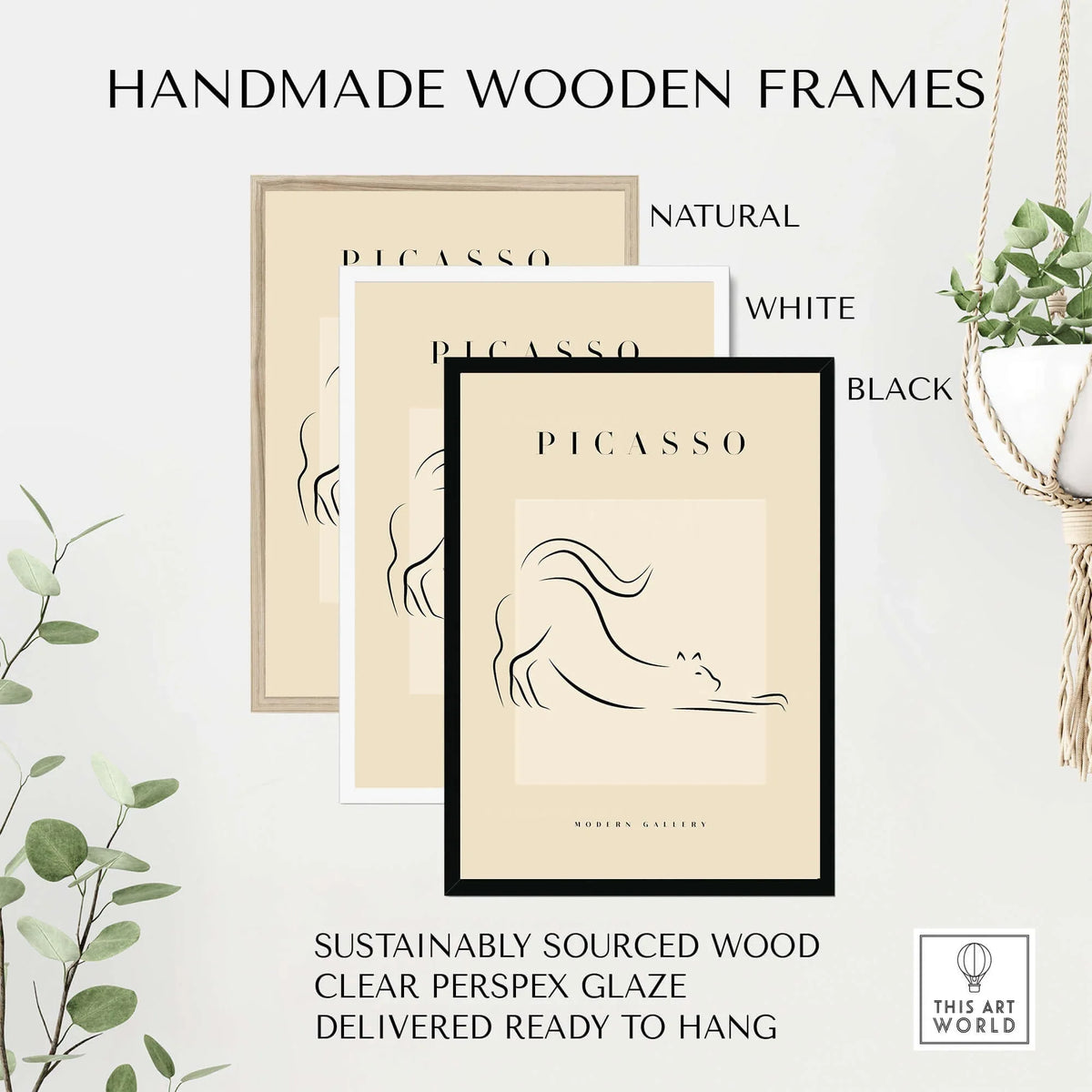 Handmade wooden frames for Picasso Stretching Cat Line Art Minimalist Animal Poster Modern Gallery Print Wall Art.