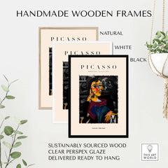 Handmade wooden frames for Picasso Seated Woman Cubist Portrait Art Print Modern Gallery Artwork Poster in natural, white, black.