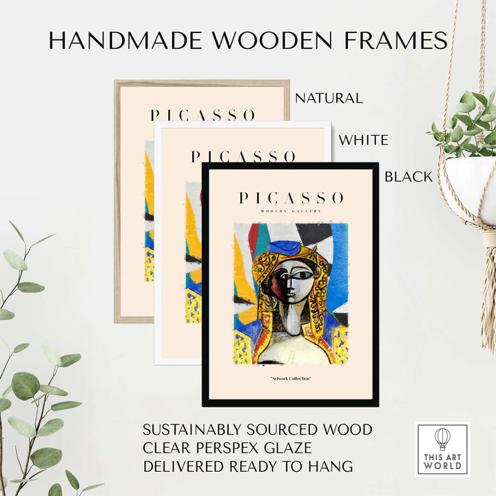 Handmade wooden frames in natural, white, and black for Picasso-inspired artwork, made from sustainably sourced wood.