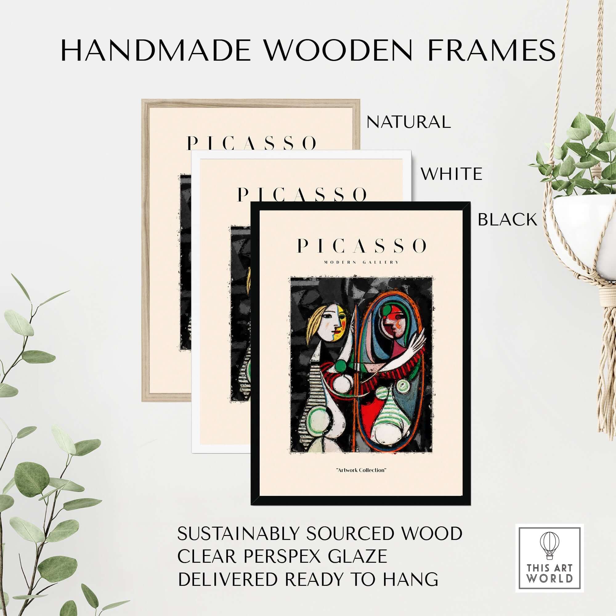 Handmade wooden frames in natural, white, and black, showcasing Picasso-inspired art prints, sustainably sourced wood.