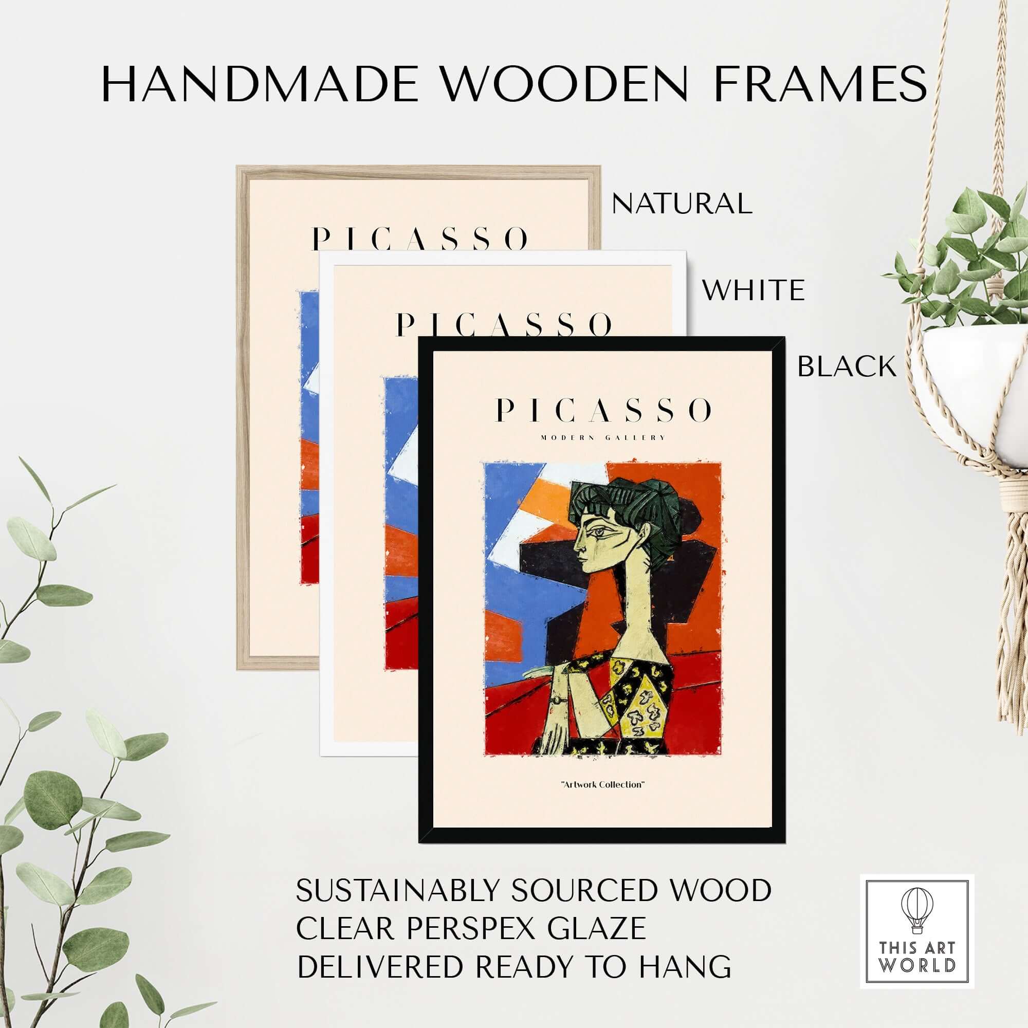 Handmade wooden frames for Picasso artworks in natural, white, and black finishes with clear perspex glaze.