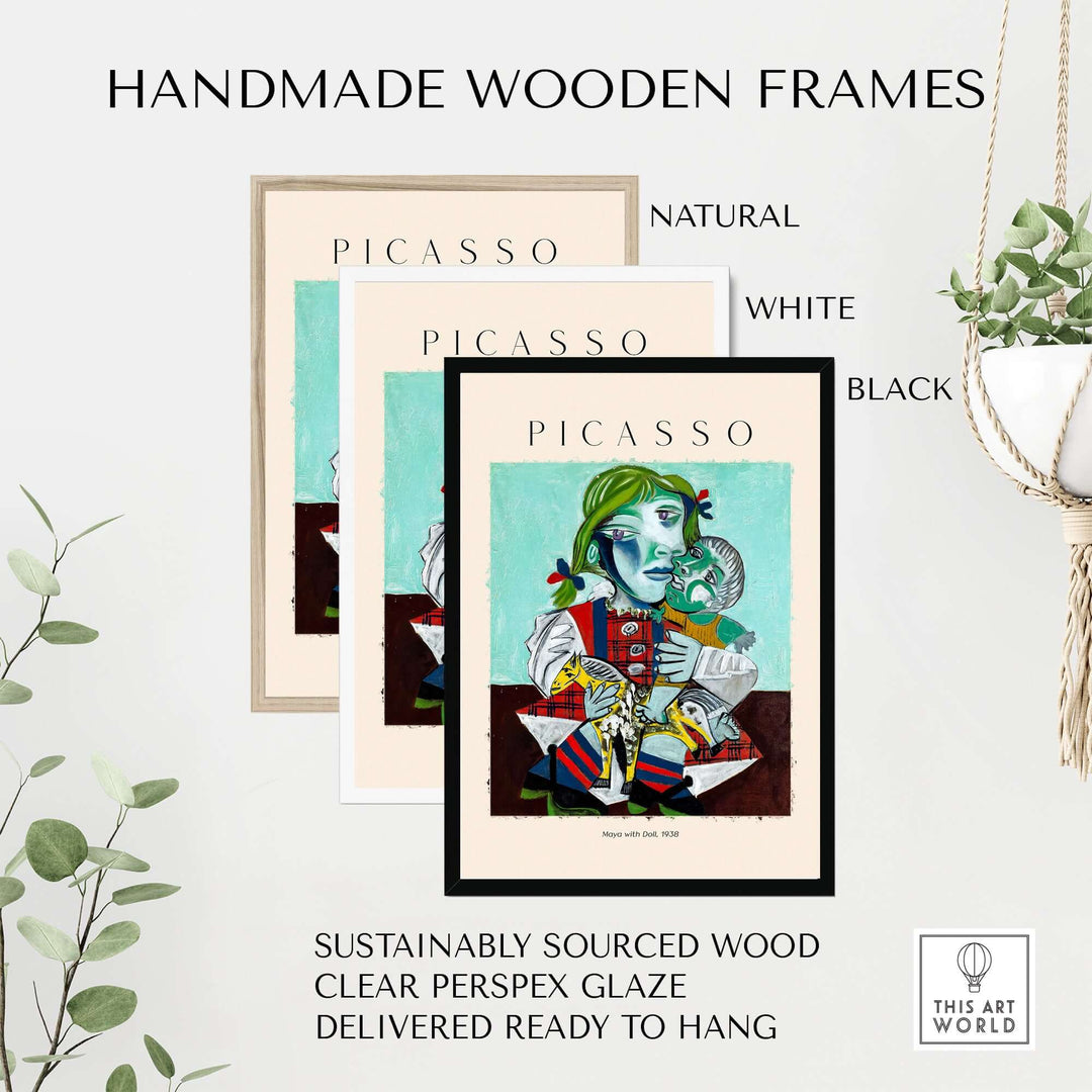 Handmade wooden frames in natural, white, and black for Picasso art prints, ready to hang and sustainably sourced.
