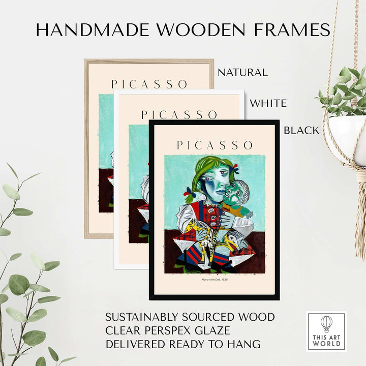 Handmade wooden frames in natural, white, and black for Picasso art prints, ready to hang and sustainably sourced.