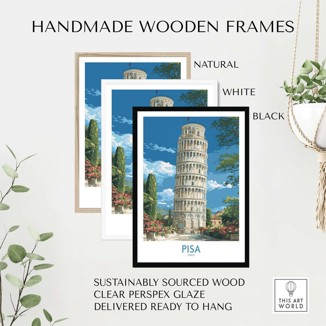 Handmade wooden frames for Pisa Italy Bell Tower poster in natural, white, and black finishes.