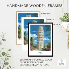 Handmade wooden frames for Pisa Italy Bell Tower Travel Wall Art - Historic Tuscany Poster in natural, white, and black.