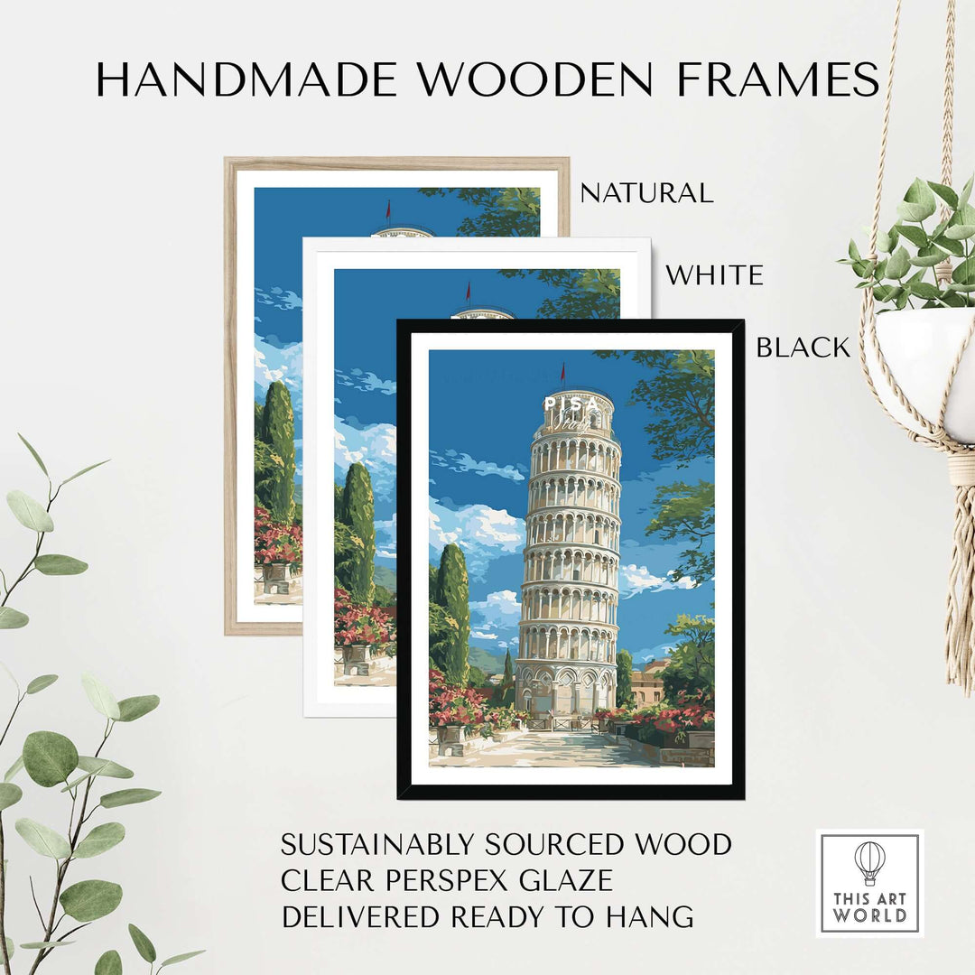 Handmade wooden frames in natural, white, and black finishes for Leaning Tower of Pisa print, crafted from sustainable wood.