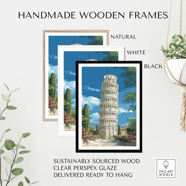 Handmade wooden frames in natural, white, and black finishes for Leaning Tower of Pisa print, crafted from sustainable wood.