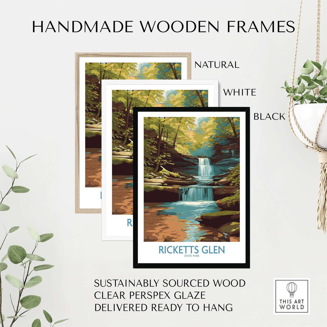 Handmade wooden frames in natural, white, and black for Ricketts Glen poster, showcasing vibrant nature decor.