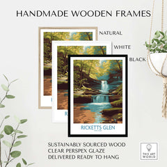Ricketts Glen State Park Forest Waterfall Poster - Pennsylvania Nature Decor framed in natural, white, and black handmade wooden frames.