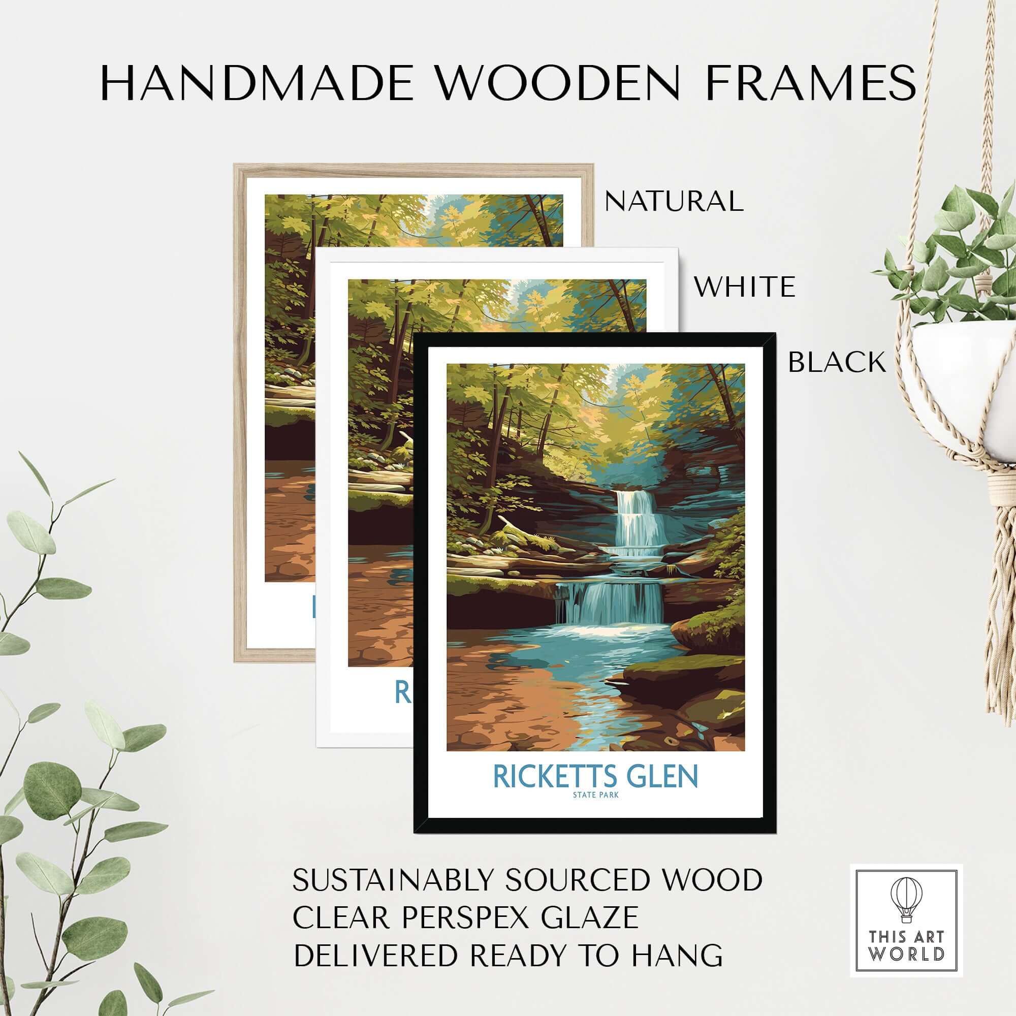 Ricketts Glen State Park Forest Waterfall Poster - Pennsylvania Nature Decor framed in natural, white, and black handmade wooden frames.
