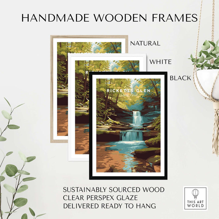 Handmade wooden frames in natural, white, and black, showcasing Ricketts Glen waterfall art, ready to hang.