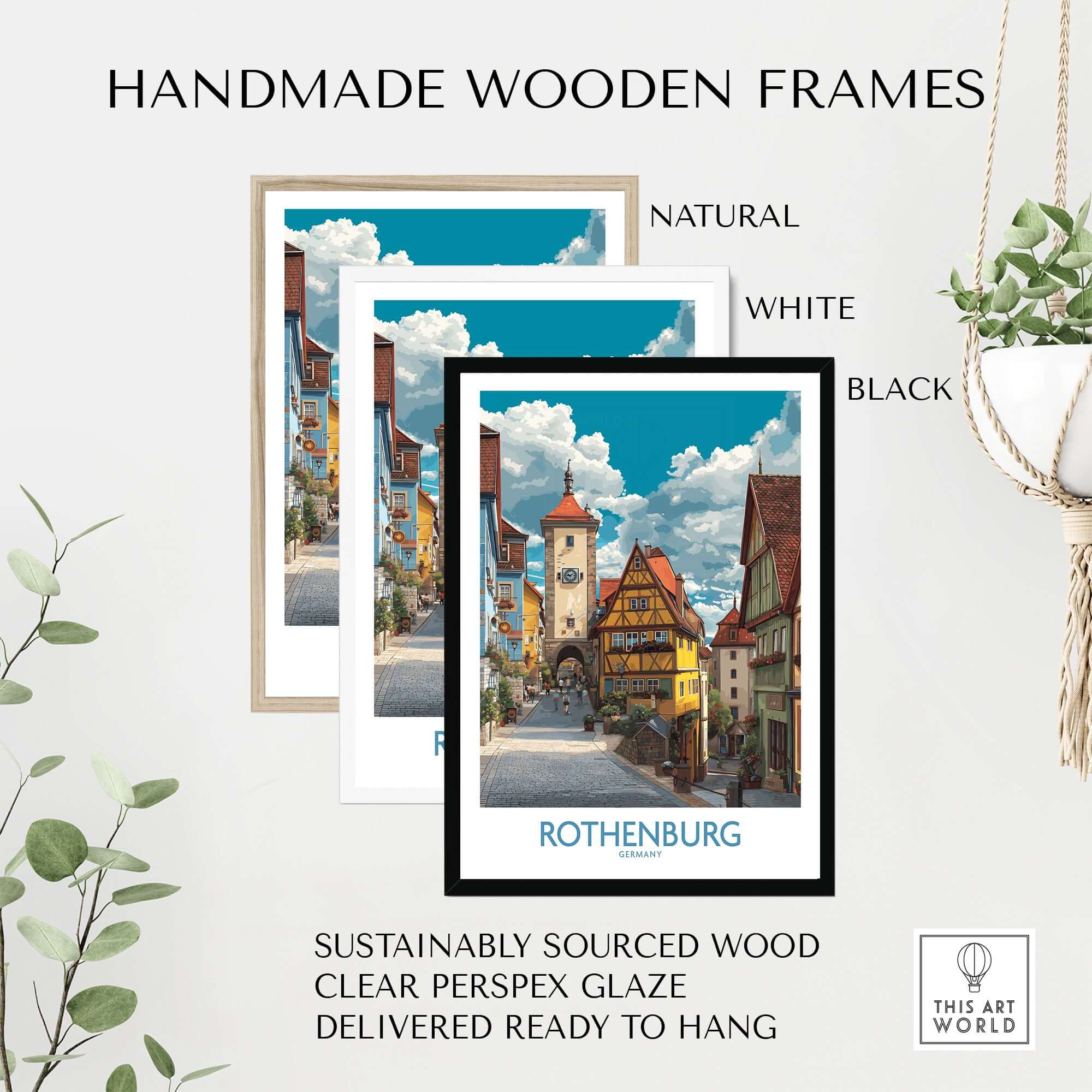 Rothenburg Wall Art Print Germany framed in handmade wooden frames available in natural, white, and black options.
