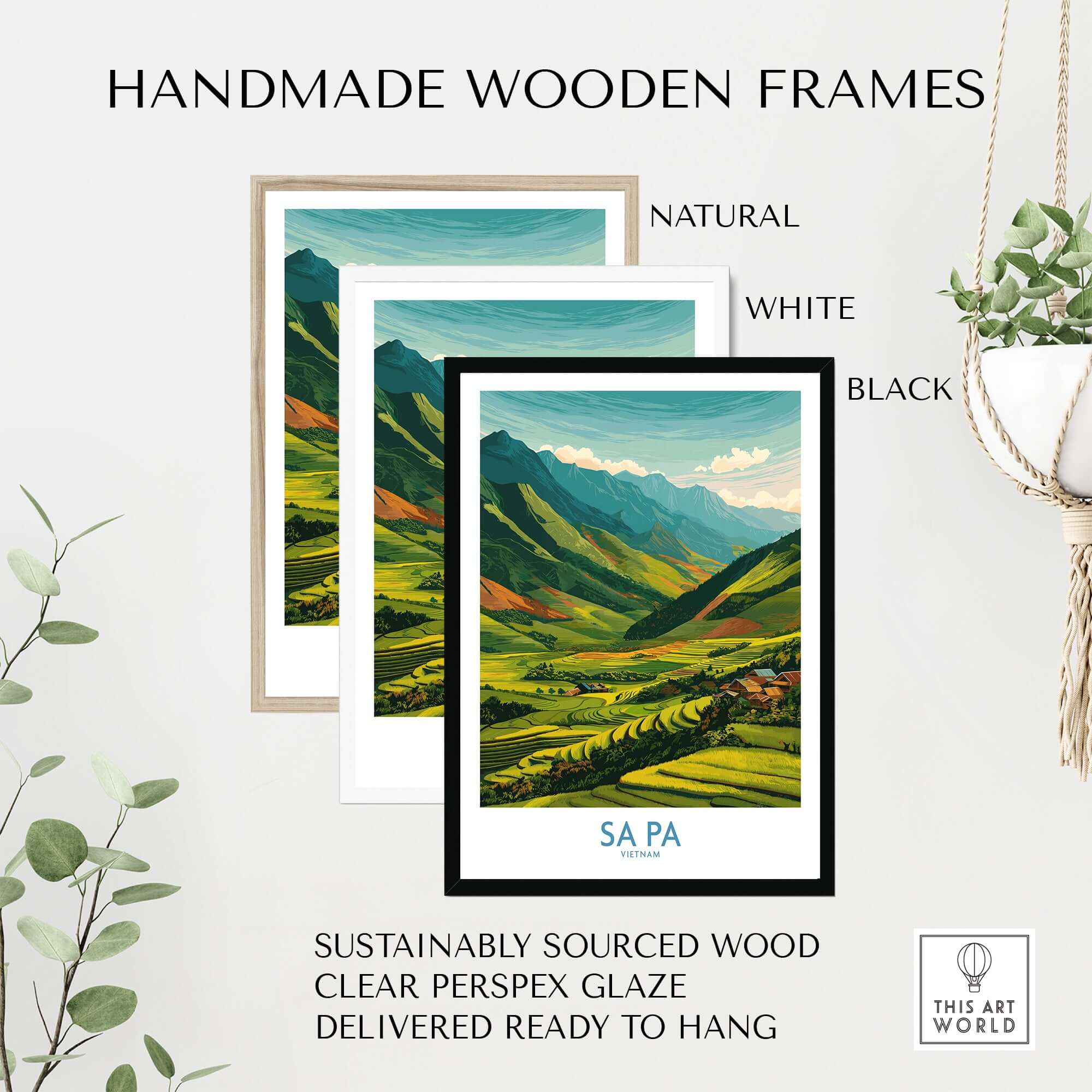 Sa Pa Vietnam Print - Rice Terrace Village Poster - Vietnamese Countryside Travel Print displayed in handmade wooden frames.