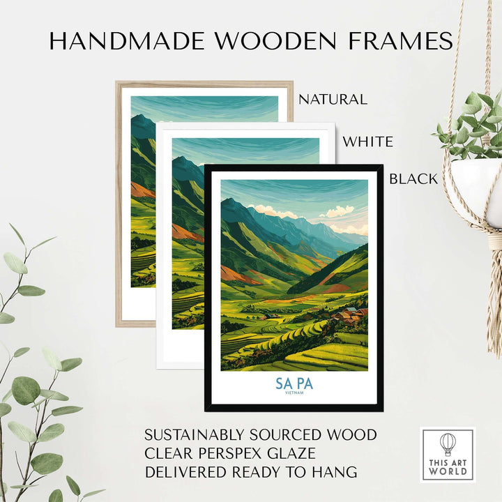 Handmade wooden frames showcasing Sa Pa Vietnam print, available in natural, white, and black finishes, ready to hang.