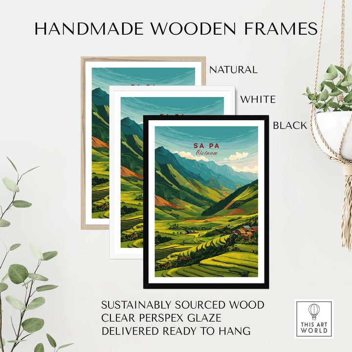 Handmade wooden frames in natural, white, and black colors for Sa Pa Vietnam poster, made from sustainably sourced wood.