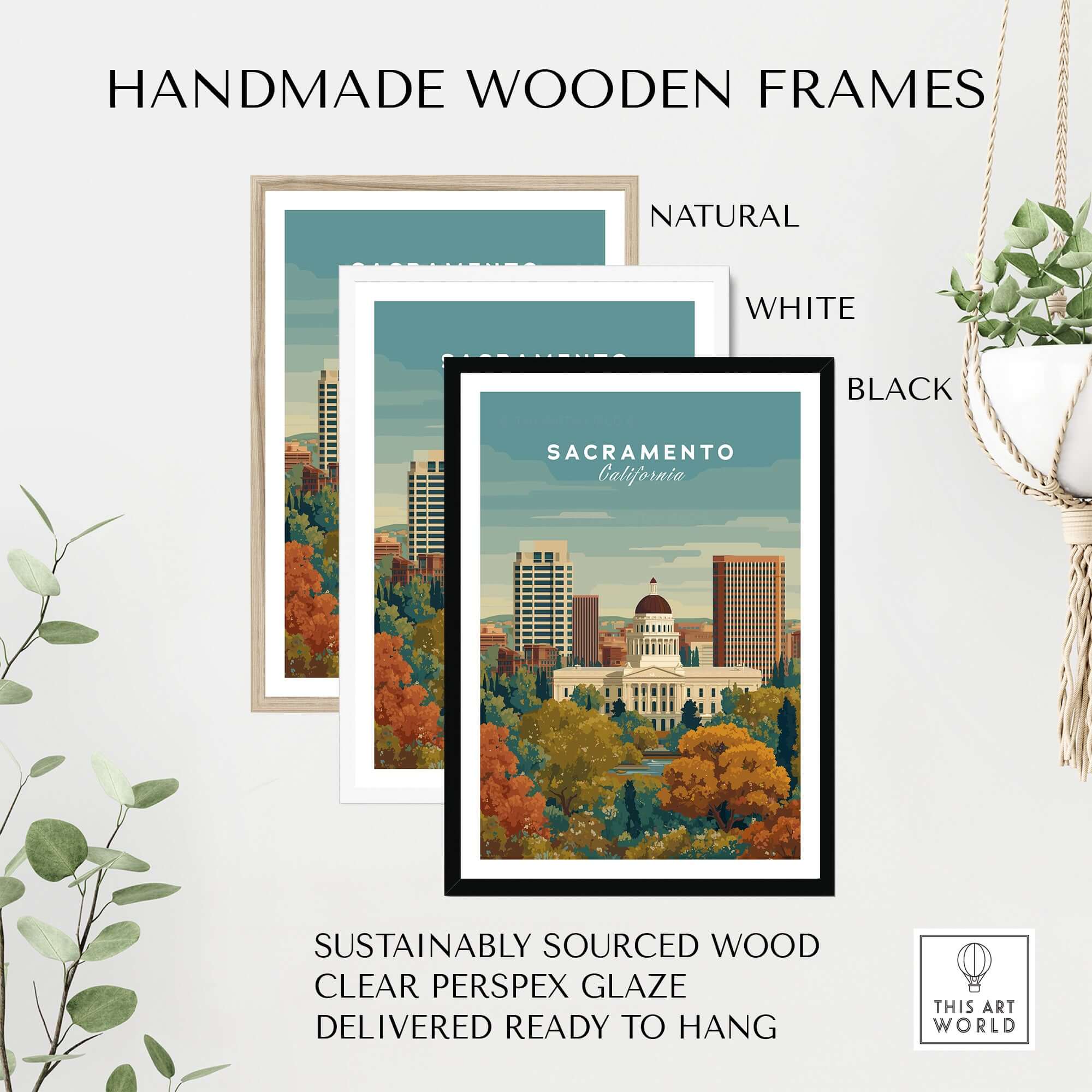 Sacramento California Skyline & Capitol Print - Urban Landscape Wall Art displayed in handmade wooden frames.
