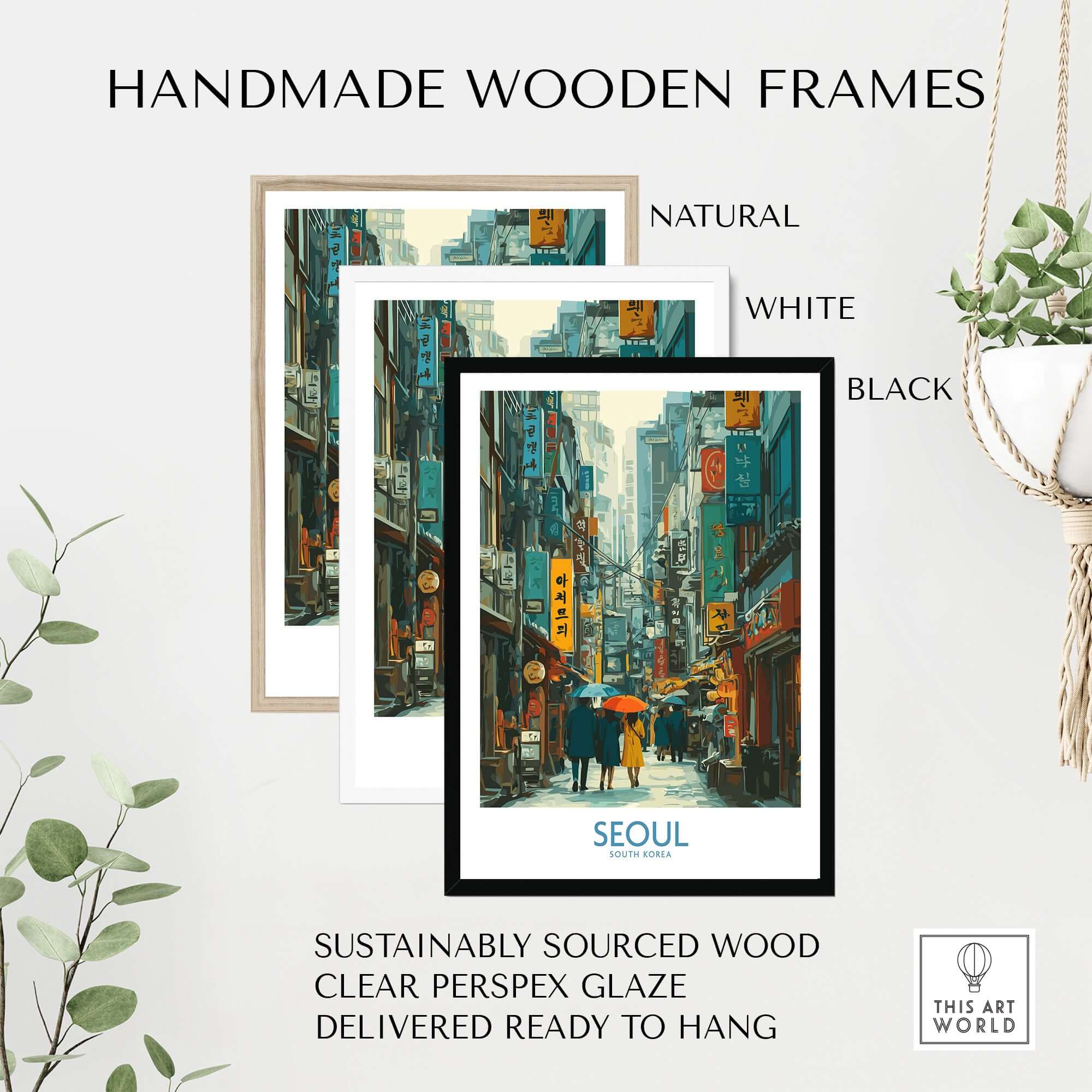 Seoul Poster South Korea - Vibrant City Life Art Print displayed in handmade wooden frames in natural, white, and black finishes.
