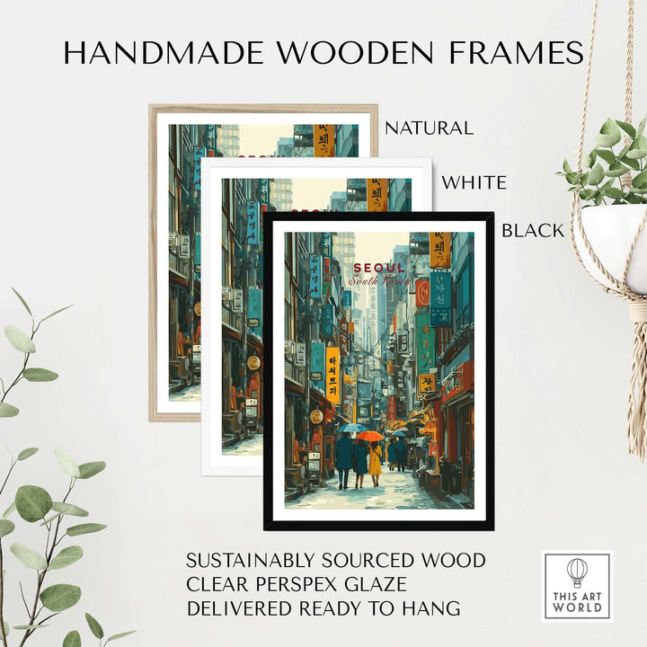 Handmade wooden frames in natural, white, and black showcasing a vibrant Seoul street print.