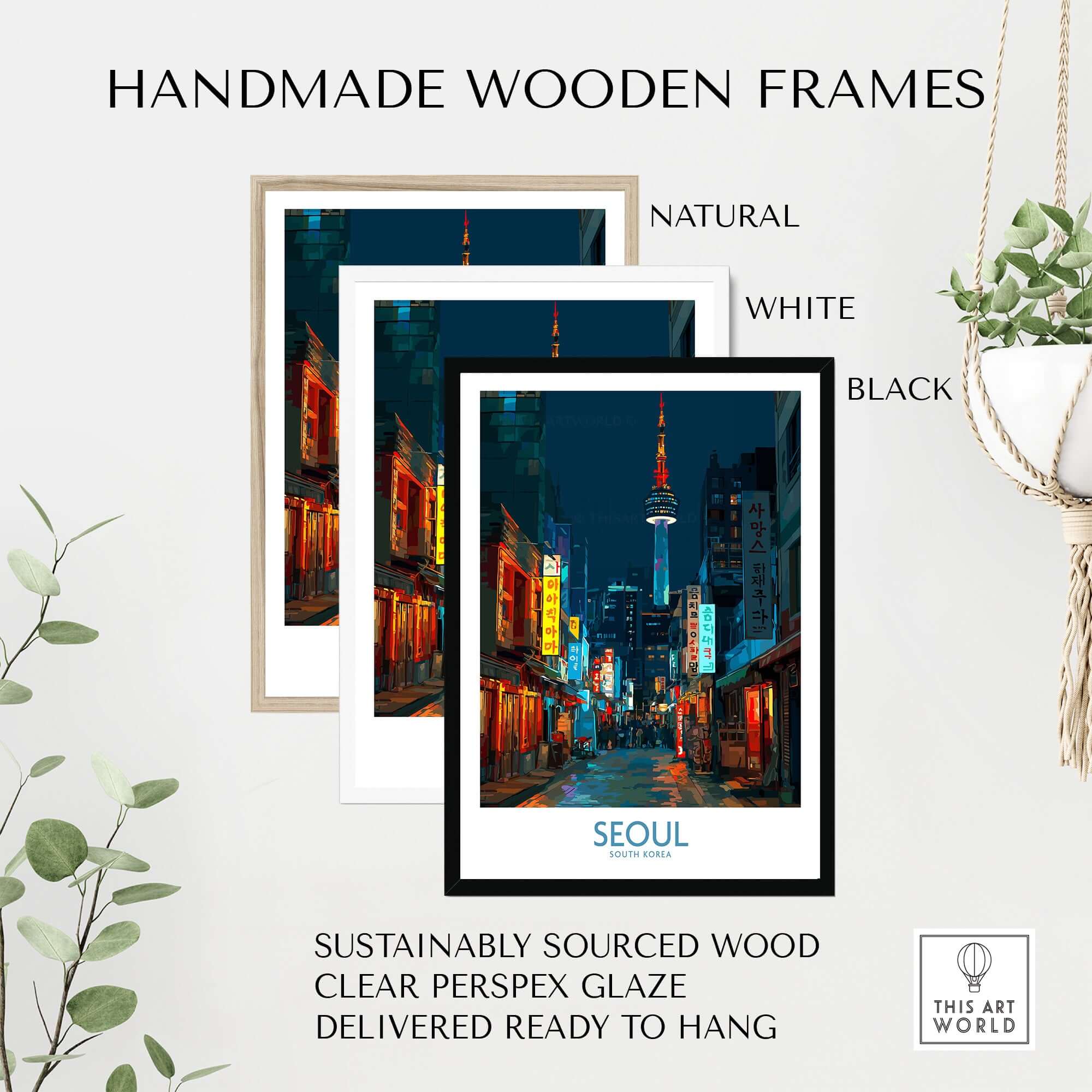 Seoul South Korea Wall Art - Korean Cityscape Print in handmade wooden frames available in natural, white, and black.