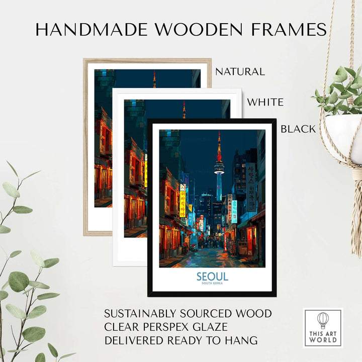 Handmade wooden frames in natural, white, and black, showcasing a Seoul cityscape print.