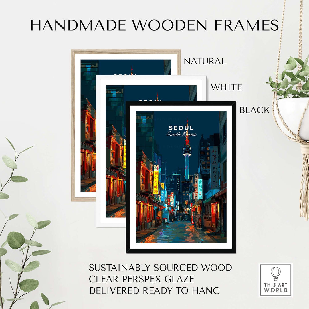 Handmade wooden frames in natural, white, and black finishes for Seoul South Korea poster, ready to hang.