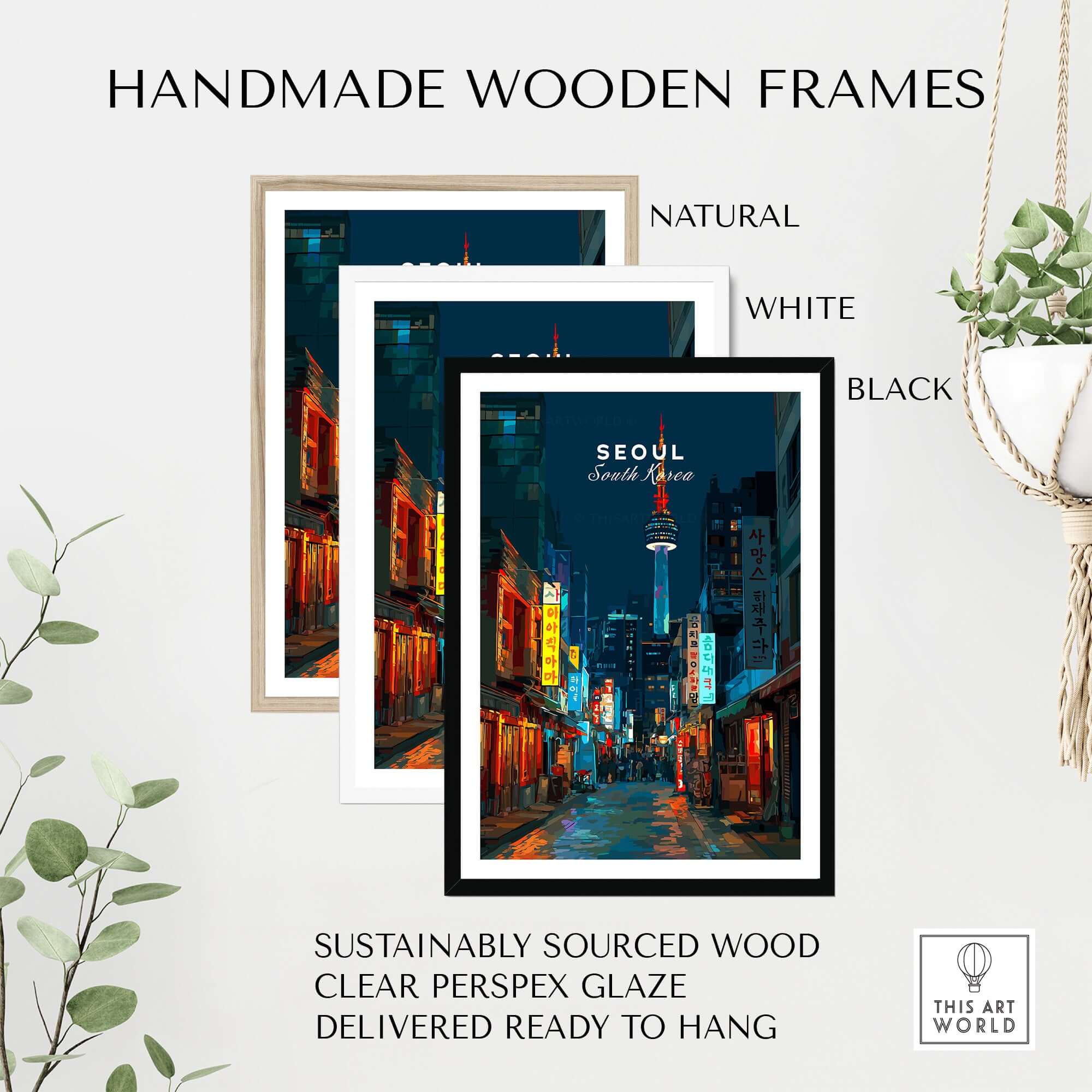 Seoul South Korea Poster N Seoul Tower Print in handmade wooden frames in natural, white, and black finishes.
