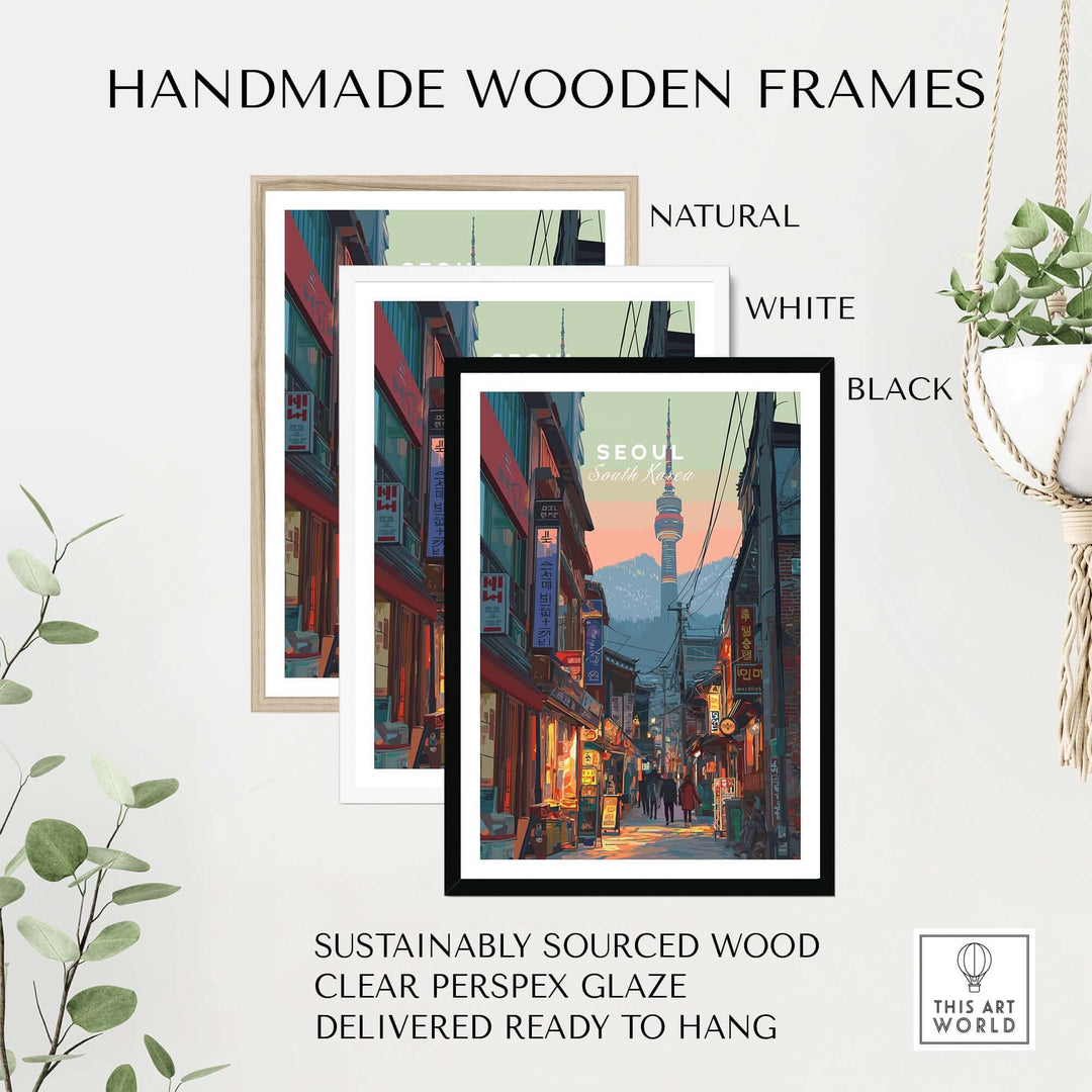 Handmade wooden frames in natural, white, and black options for N Seoul print wall art.