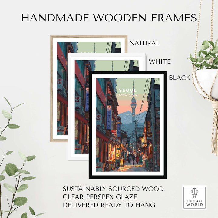 Handmade wooden frames in natural, white, and black options for N Seoul print wall art.