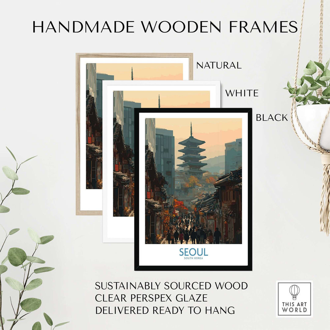 Handmade wooden frames in natural, white, and black for Seoul old town skyline wall art, sustainably sourced wood.