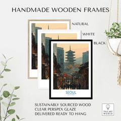 Seoul South Korea Old Town Skyline Wall Art in handmade wooden frames available in natural, white, and black.