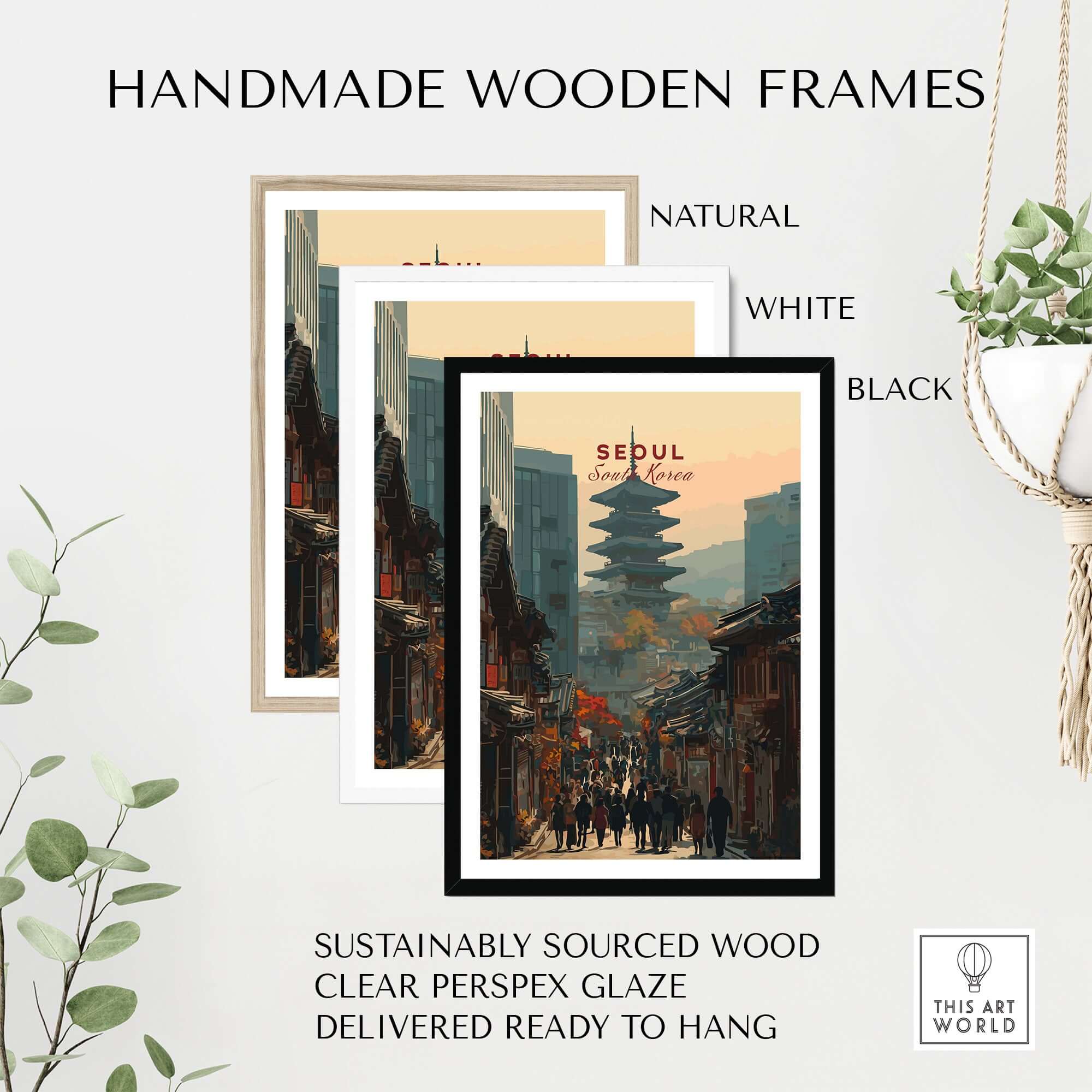 Seoul South Korea Poster - Historic City Landmark Print in handmade wooden frames of natural, white, and black.