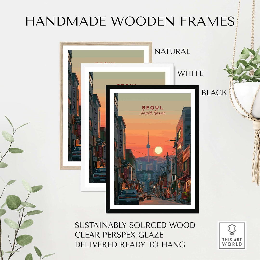 Handmade wooden frames featuring Seoul city sunset print with N Seoul Tower, available in natural, white, and black finishes.