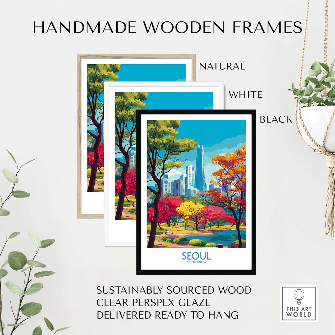 Handmade wooden frames in natural, white, and black for a Seoul city park skyline poster, ready to hang.