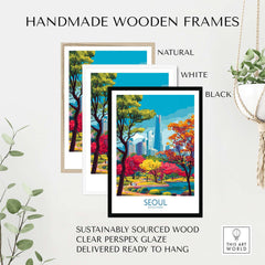 Seoul South Korea City Park Skyline Poster in handmade wooden frames, natural, white, and black finish.