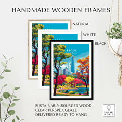 Handmade wooden frames in natural, white, and black styles, showcasing Seoul South Korea Lotte World Tower Park Print.