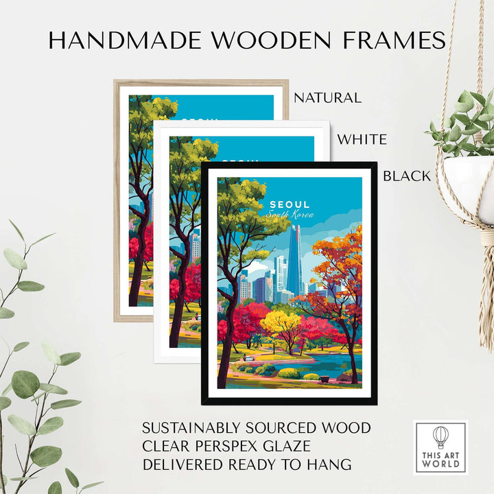 Handmade wooden frames in natural, white, and black styles for art prints, made from sustainably sourced wood.