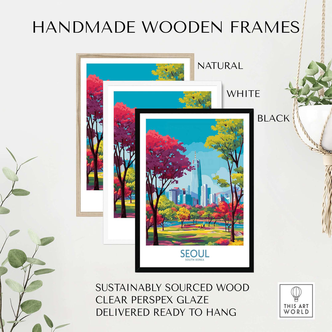 Handmade wooden frames in natural, white, and black for Seoul Wall Art, featuring sustainable materials and ready to hang.