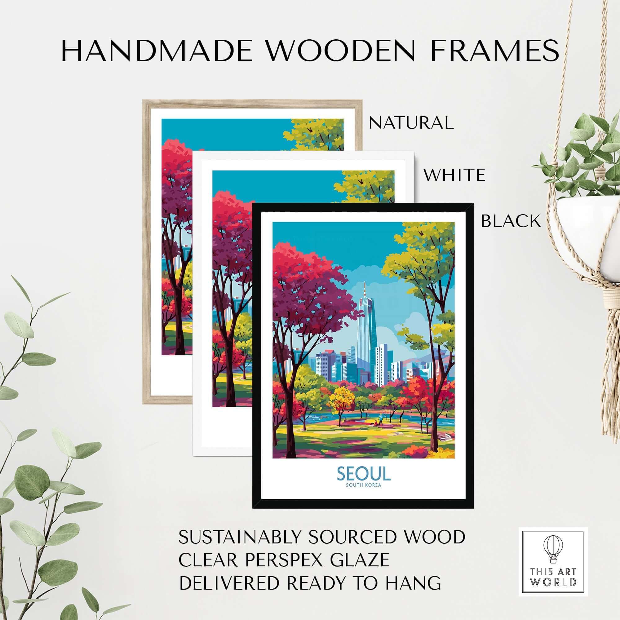 Seoul Wall Art - South Korea Print displayed in three handmade wooden frames: natural, white, and black.