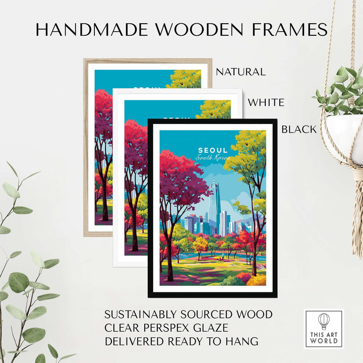 Handmade wooden frames in natural, white, and black for vibrant Seoul cityscape poster.